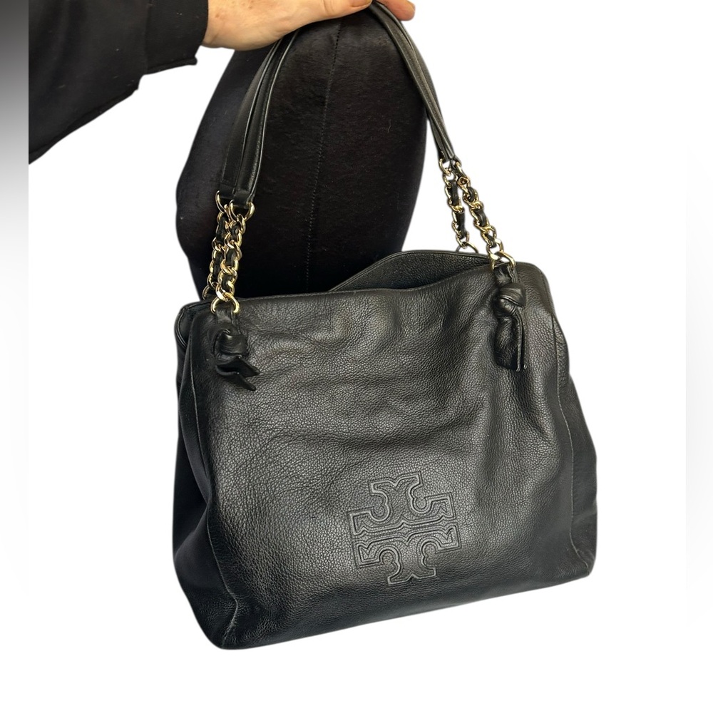 Tory Burch Black Pebble Leather Harper Tote Shoulder Bag Purse Large read